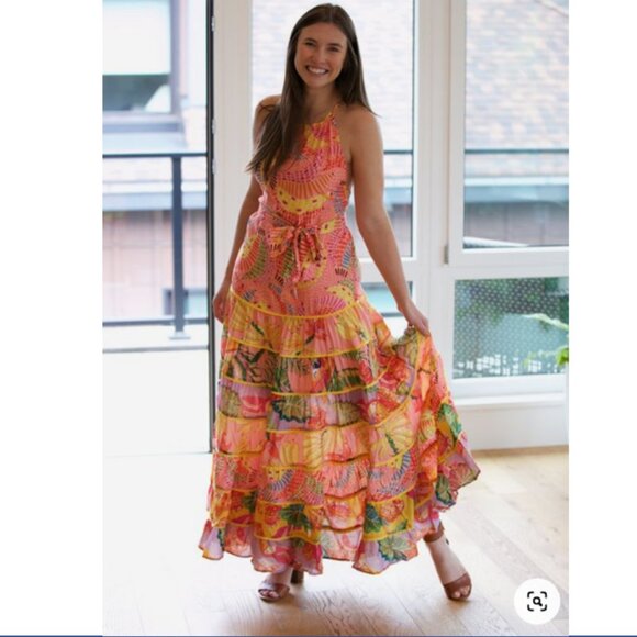 FARM Rio Maxi Dress XL Mixed Prints Floral Tiered Strappy Halter Pink - Picture 14 of 16